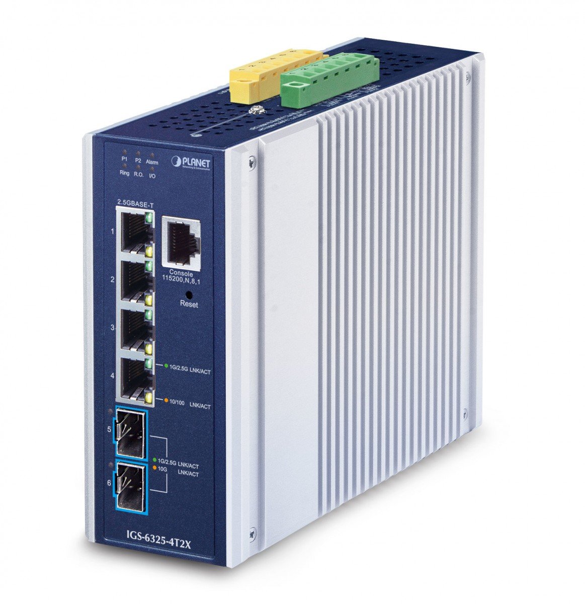 PLANET IP30 Industrial L3 4-Port Géré 2.5G Ethernet (100/1000/2500) Aluminium, Bleu