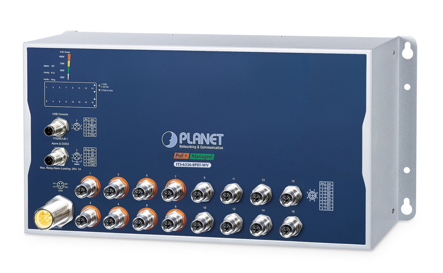PLANET ITS-6326-8P8T-WV commutateur réseau Géré L3 Aluminium, Bleu