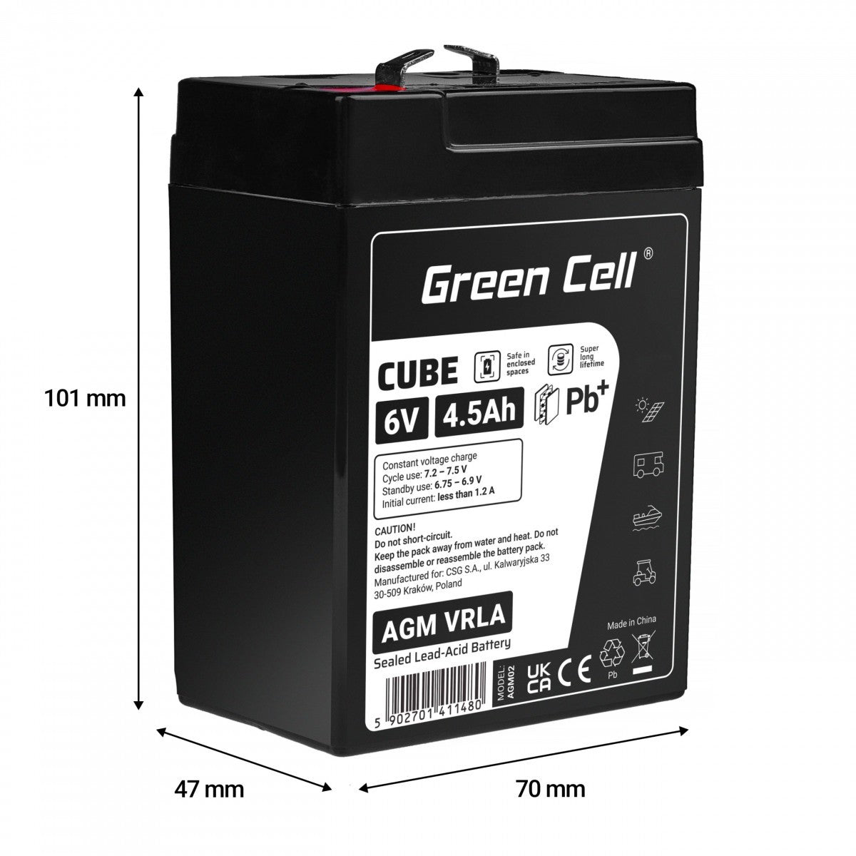 Batterie sans entretien Green Cell Cube AGM VRLA IP54 6V 4.5Ah pour systemes d'alarme, caisses enregistreuses, jouets
