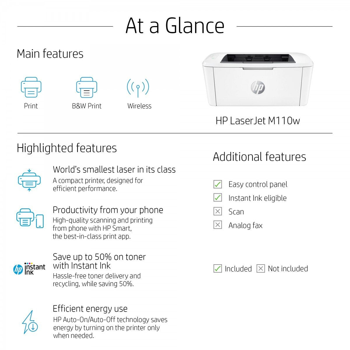 HP LaserJet M110w Printer Mono B/W laser A4/Letter 600x600dpi 20ppm capacity 150 sheets USB 2.0 Wi-Fi Bluetooth LE