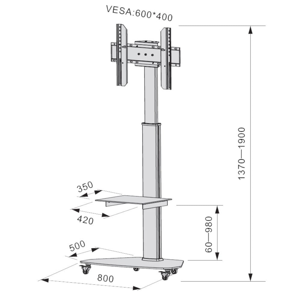 "Techly ICA-TR3WH Support TV mobile 37-70"" jusqu'a 40kg réglable 2 étageres"