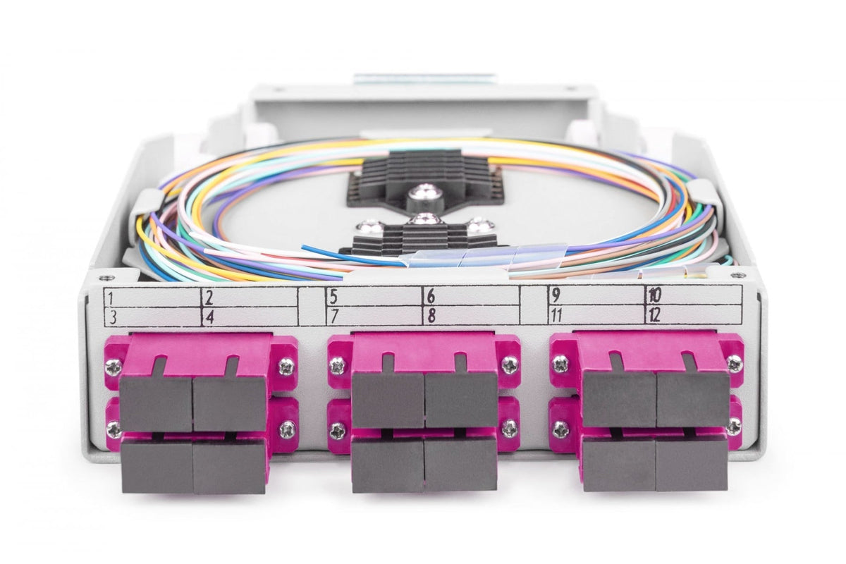 Boîte de raccordement sur rail DIN, 6x SC Duplex, Multimode, OM4, avec pigtails et connecteurs