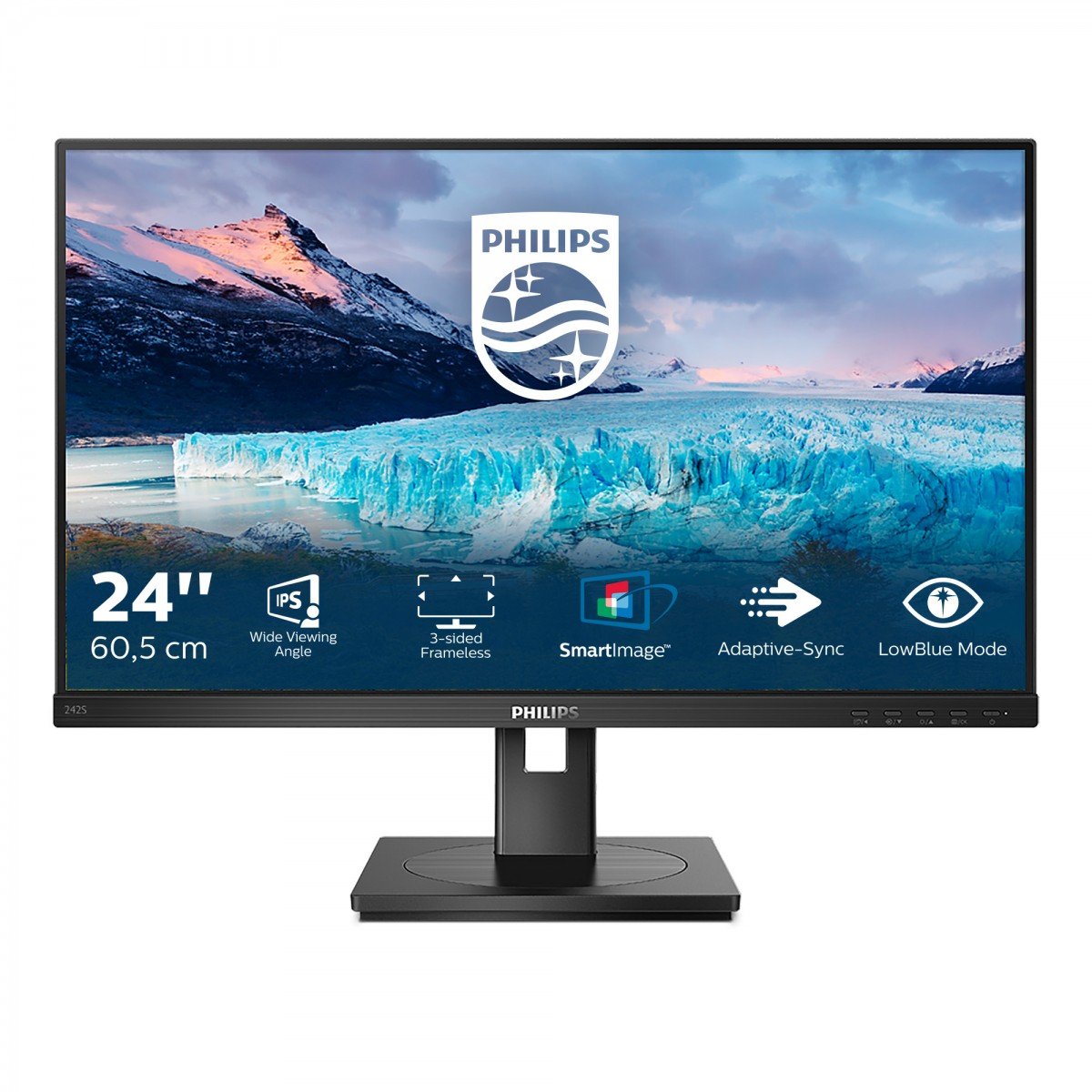 PHILIPS 242S1AE/00 23.8p 1920x1080 IPS Flat 130MM Pivot 75Hz Adative Sync 3 SIDE FRAMELESS TUV Eye Certified SPEAKERS