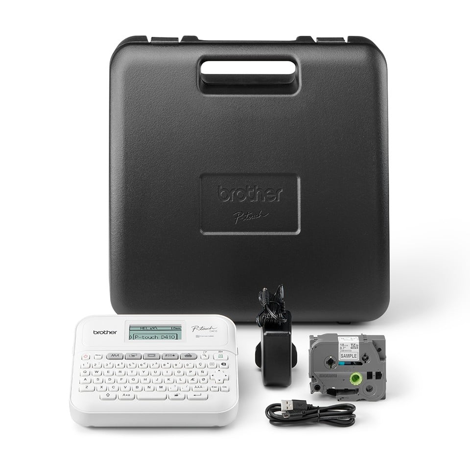 BROTHER Etiqueteuse bureautique professionnelle 18mm avec mallette de transport adaptateur secteur un ruban TZe 4m câble micro USB