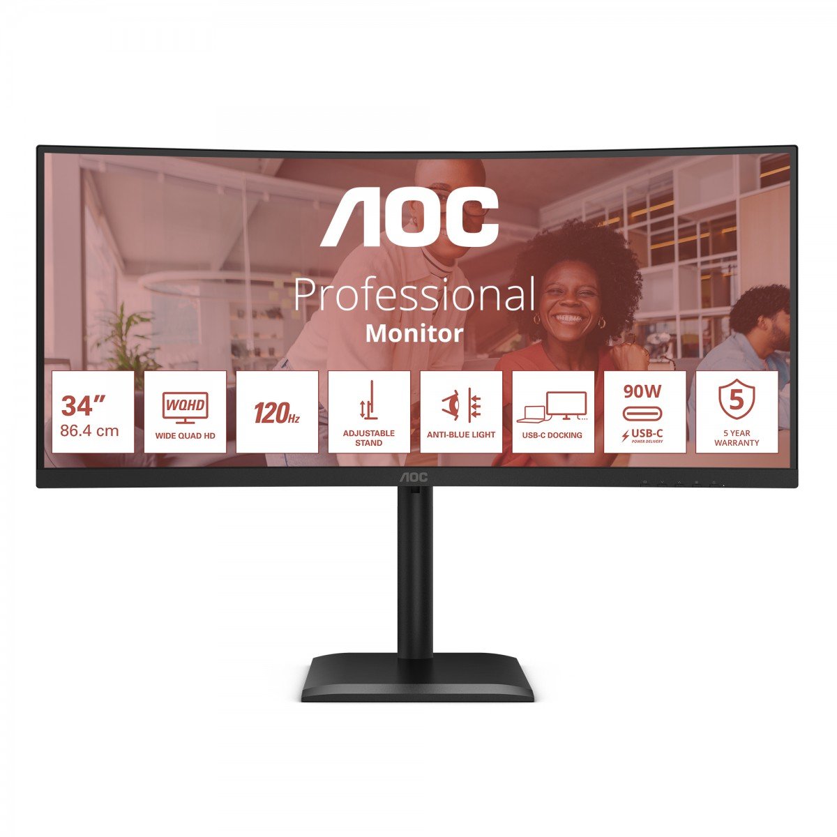 AOC CU34E4CV - Écran incurvé - 34i - 3440 x 1440 UWQHD 120 Hz - VA - 3500:1 - HDR10 - 4 ms - 2xHDMI DP USB-C -HP- GAR 5 ans
