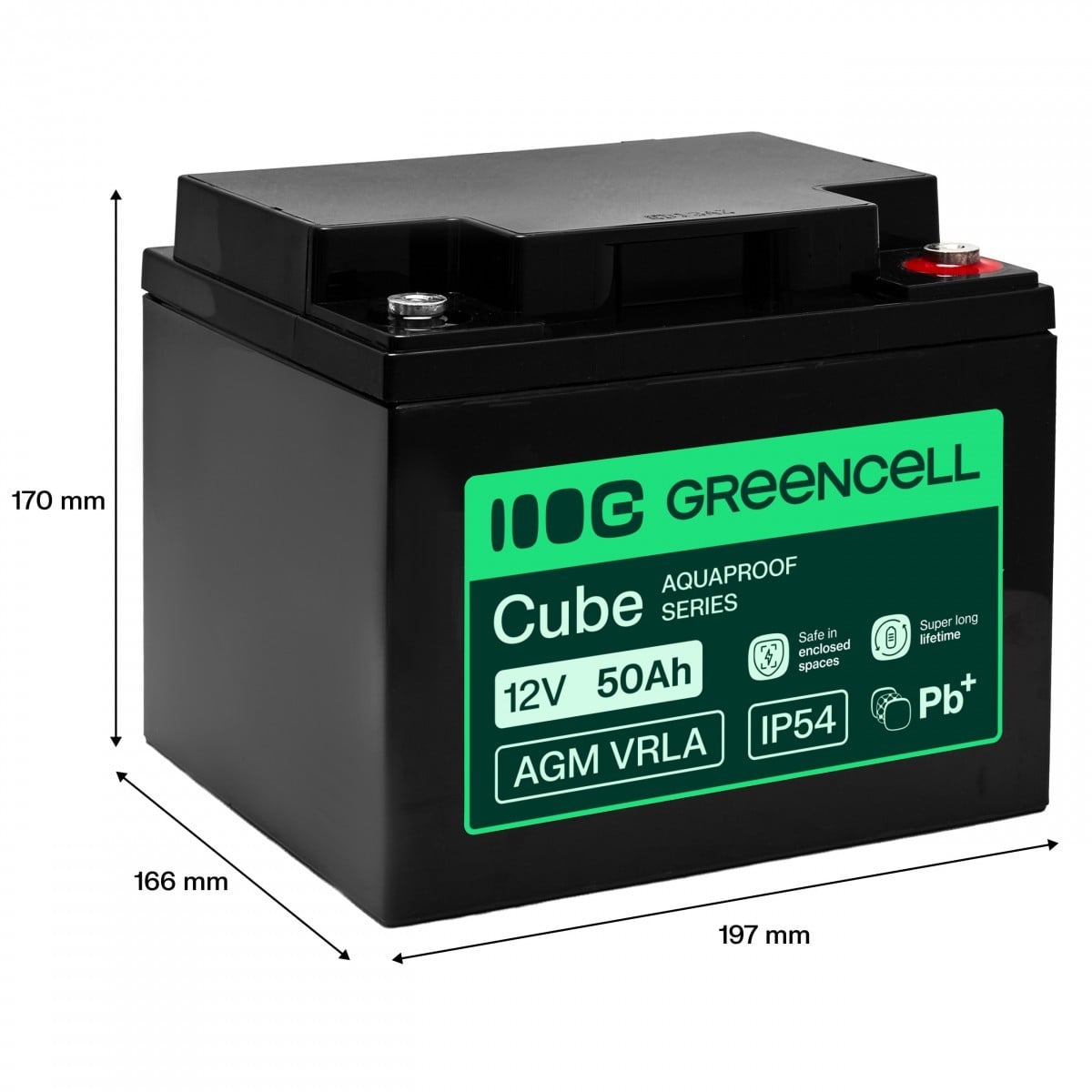 Batterie sans entretien Green Cell AGM VRLA 12V 50Ah pour alimentation UPS, dimensions (197x166x170mm)