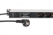 Barre d'alimentation PDU Rack (620 mm) avec protection contre les surtensions + filtre EMI/RFI, 9 prises Schuko CEE 7/3 (45°), câble de 2 m, fiche Unischuko CEE