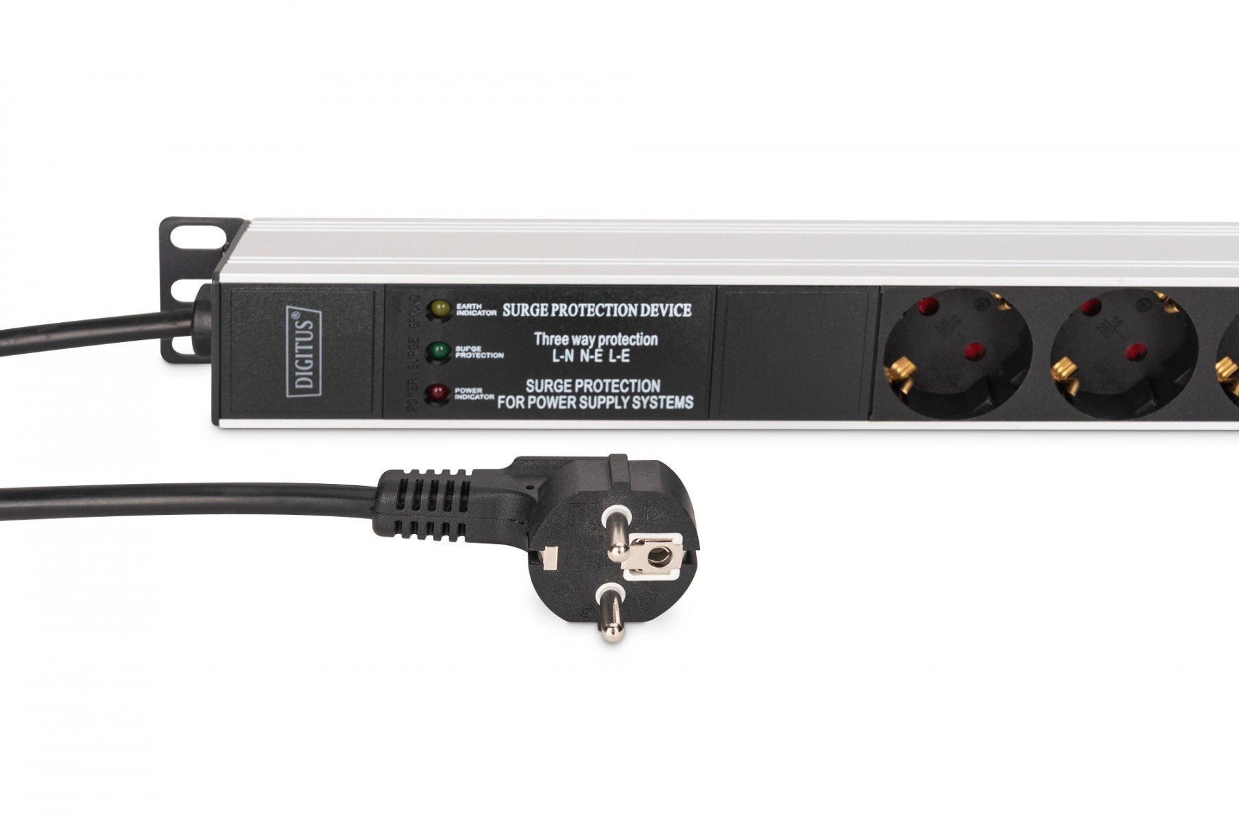 Barre d'alimentation PDU Rack (620 mm) avec protection contre les surtensions + filtre EMI/RFI, 9 prises Schuko CEE 7/3 (45°), câble de 2 m, fiche Unischuko CEE