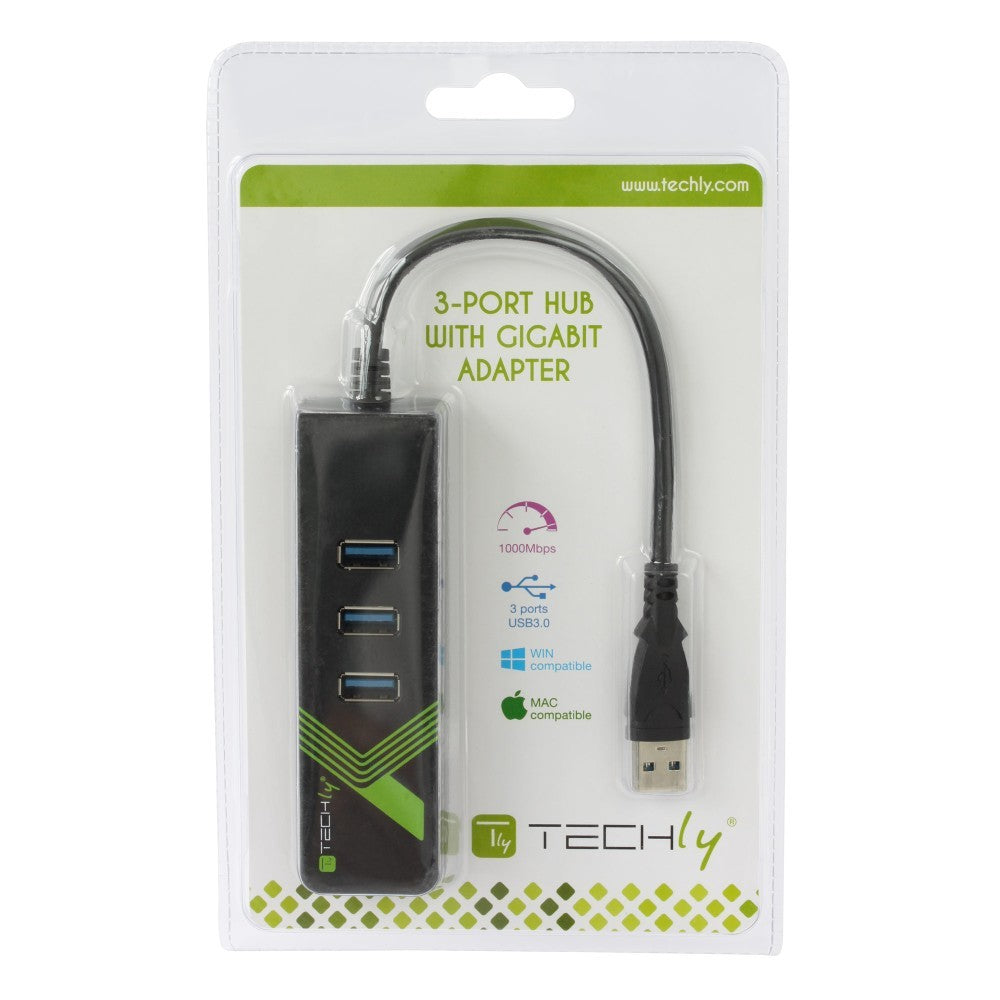 Techly IDATA USB-ETGIGA-3U2 Carte réseau/Adaptateur USB 3.0 vers RJ45 Gigabit, hub 3x USB 3.2