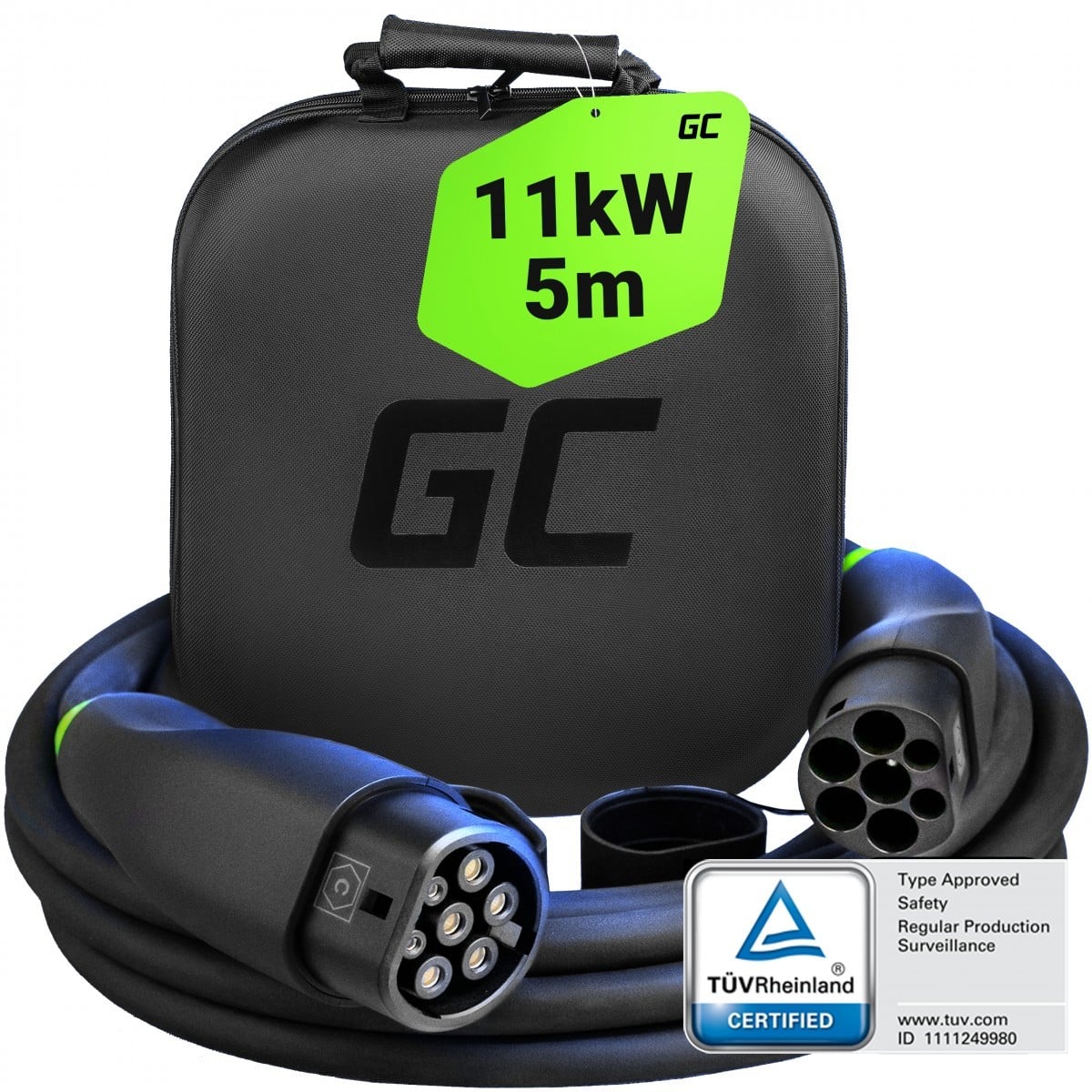 Green Cell EVKABGC03 Snap Câble EV Type 2 11kW 5m 16A pour recharge Tesla Model Y 3 S X, Kia EV6, VW ID.4, ID.5, BMW i4, iX, Ford Mach-E