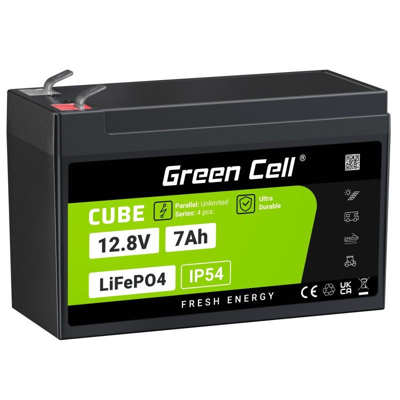 Green Cell LFPGC12V7AH CUBE Batterie LiFePO4 7Ah 12.8V 89.6Wh Lithium-Fer-Phosphate pour alimentations UPS, Surveillance de sécurité