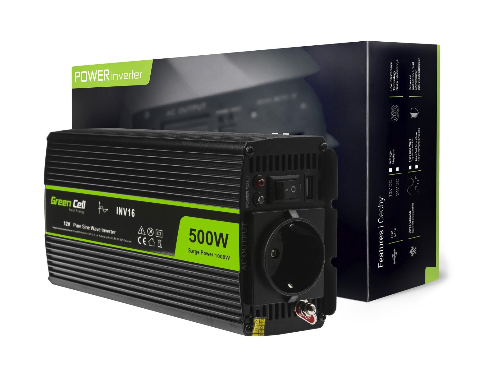 Green Cell INV16 adaptateur de puissance & onduleur Auto 500 W Noir