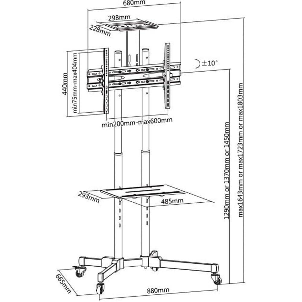 "Techly ICA-TR16T Support TV mobile 37-70"" jusqu'a 50kg réglable 2 étageres"