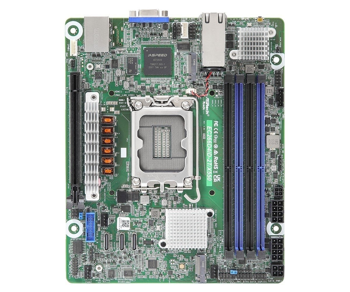 ASRock EC266D4ID-2T/X550, 1xSKT, LGA 1700, Intel Xeon 6, SATA, NVMe, 2xM.2, 2x10GbE, IPMI