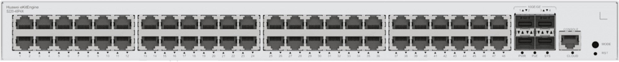 HUAWEI eKit S220 Series S220-48P4X Géré L2 Gigabit Ethernet (10/100/1000) Connexion Ethernet, supportant l'alimentation via ce port (PoE) 1U Gris