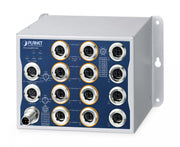 PLANET IP50 Industrial L2+ 8-Port 10/100/1000T 802.3at PoE M12 + 4-Port 10/100/1000T M12 Managed Ethernet Switch Géré L2+ Bleu, Métallique