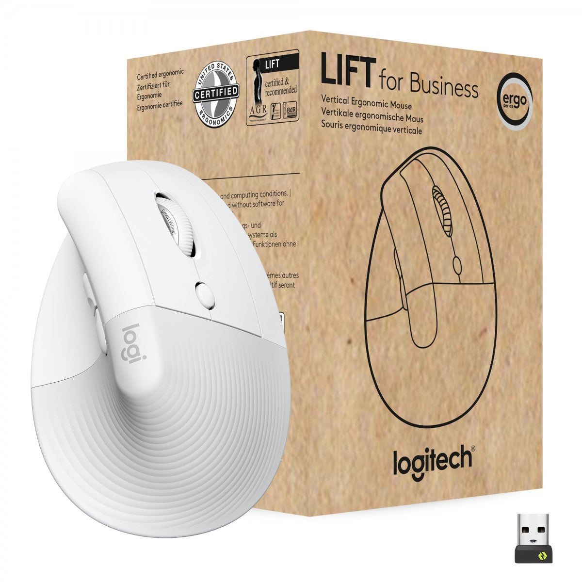 LOGITECH Lift for Business Vertical mouse ergonomic 6 buttons wireless Bluetooth 2.4 GHz Bolt USB receiver off-white