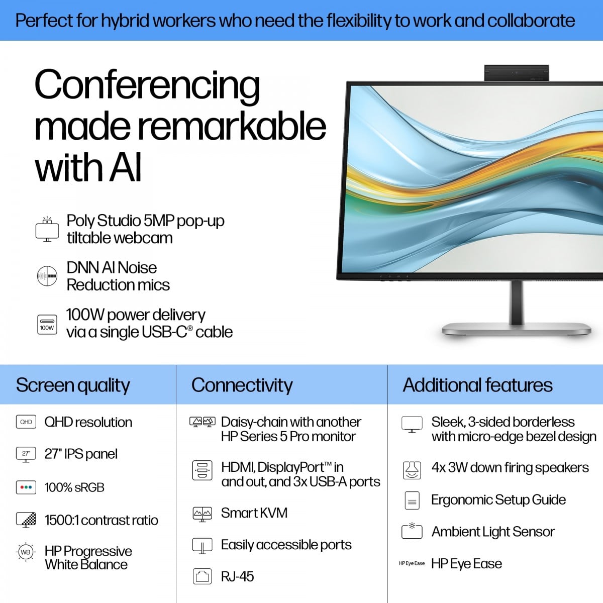 HP Écran de conférence Series 5 Pro 527pm QHD 27p 2560x1440 HDMI DP USB-C 3/3/0 Smart Buy