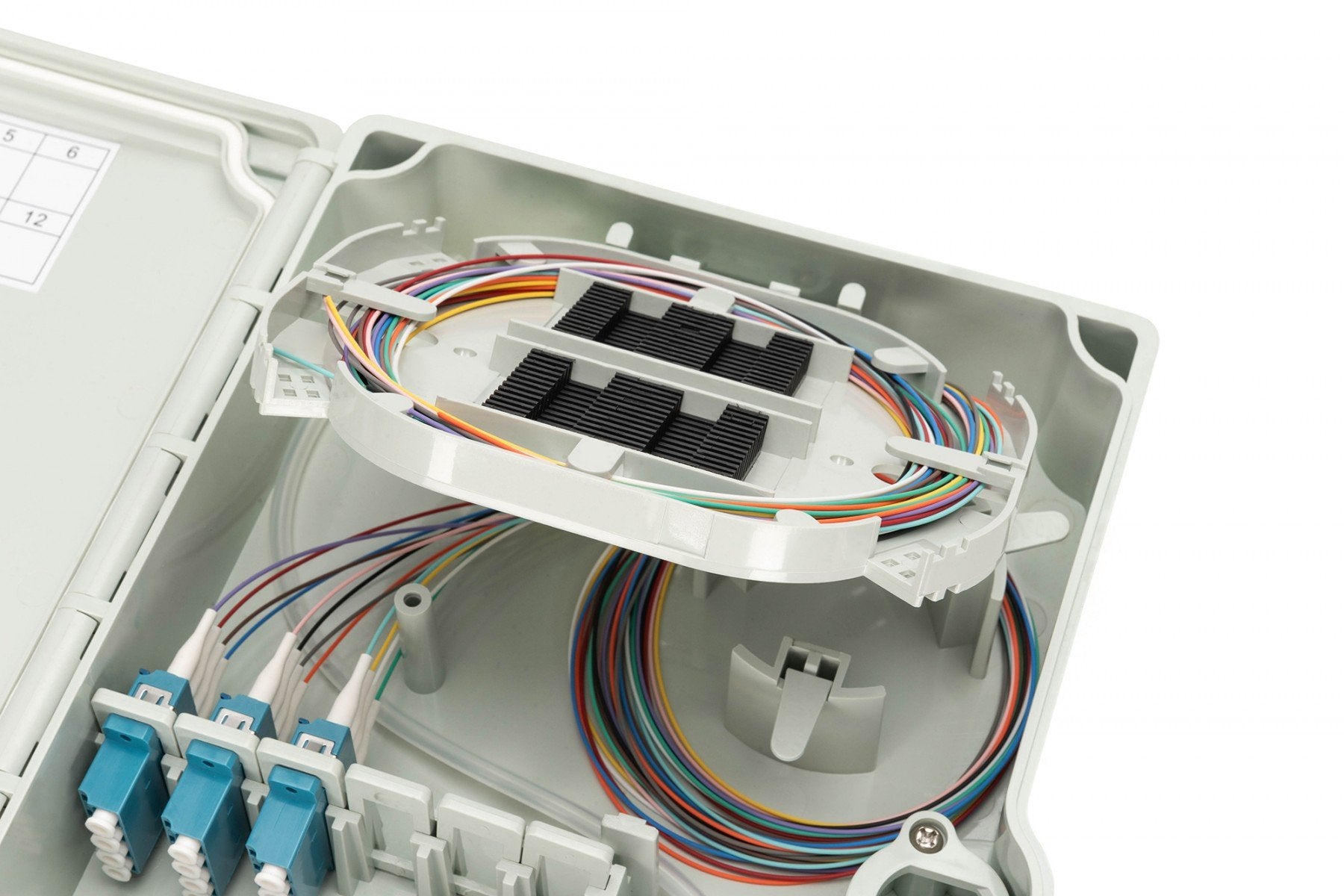 Boîte de distribution FTTH externe, 12 épissures, 12x (LC/PC), cassette d'épissure, 260x190x60 mm, IP65
