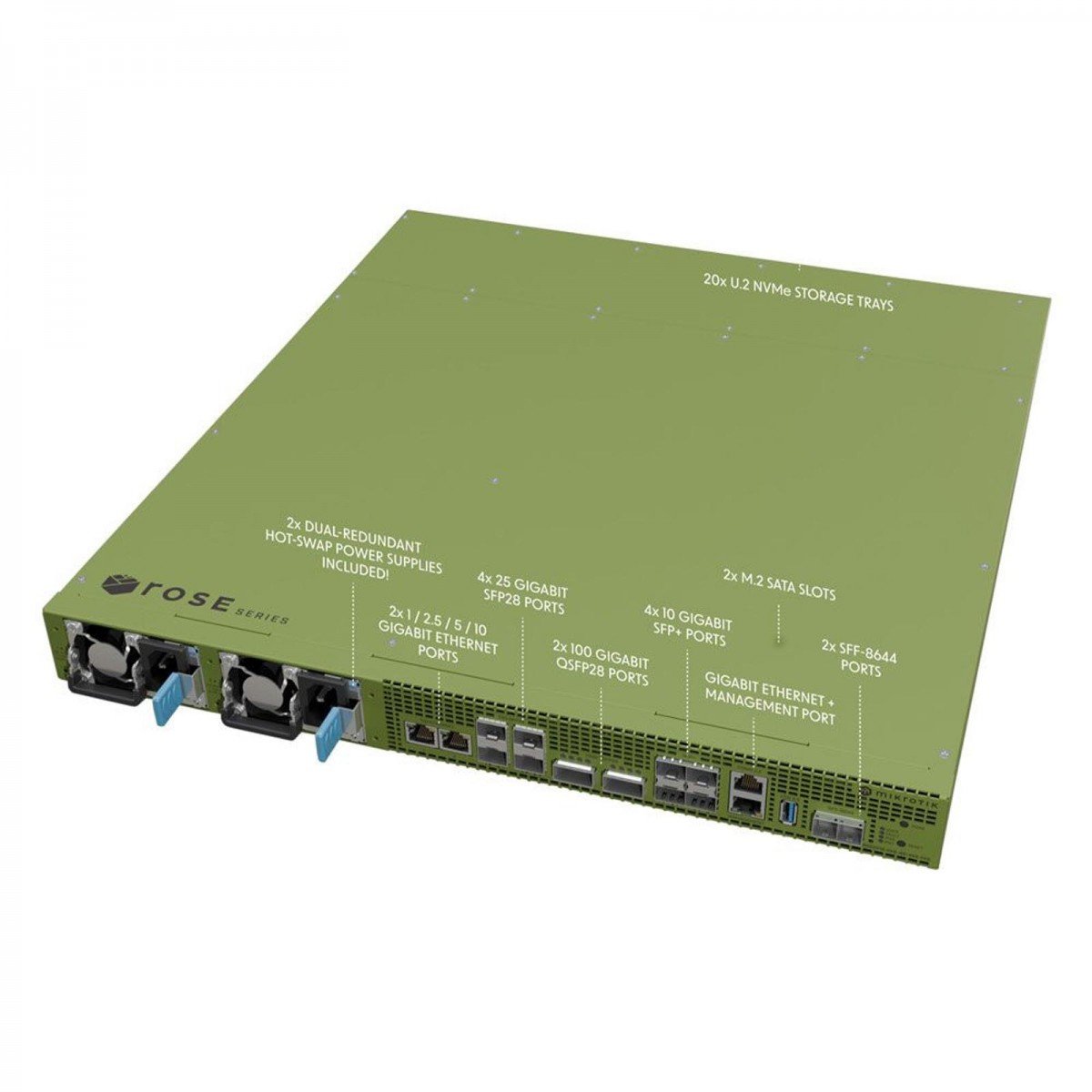 Mikrotik Data Server, 2x 100G QSFP28, 4x 25G SFP28, 4x SFP+, 2x 10GbE, 1x GbE, 2x M.2 SATA, 20x PCI-e, 2x USB, ROSv7, L6
