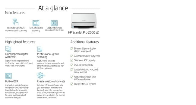 HP Scanjet Pro 2000 s2 Sheet-feed Scanner de Document Duplex 216x3100mm 600dpix600dpi 35ppm mono ADF 50sheets 3500scans