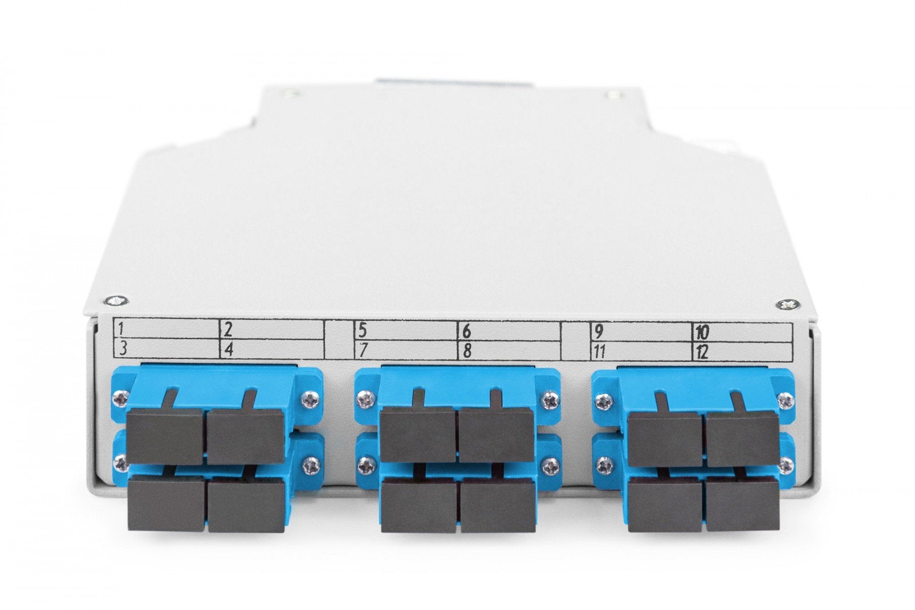 Boîte de raccordement fibre optique sur rail DIN, 6x SC duplex OS2 avec plateau de raccordement et pigtails, gris