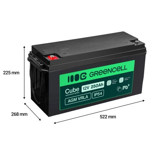 Batterie sans entretien Green Cell Cube AGM VRLA IP54 12V 250Ah pour camping-cars, photovoltaiques, panneaux solaires et bateaux