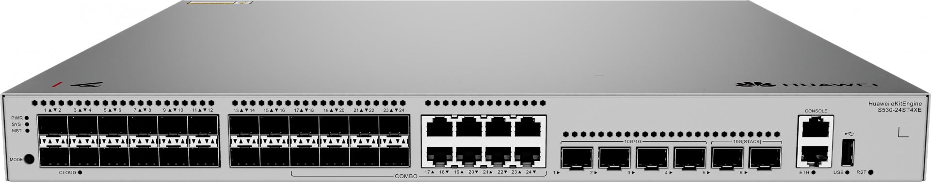 HUAWEI S530-24ST4XE 24xGE SFP ports 8 of which are dual-purpose 10/100/1000 or SFP 4x10GE SFP+ ports 2x12GE stack ports 1xAC eKit