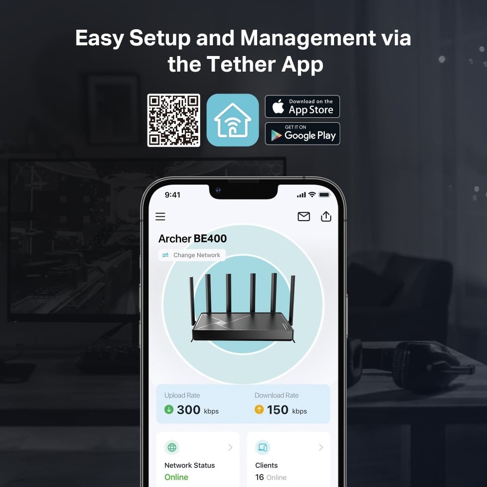 TP-LINK BE6500 Dual-Band Wi-Fi 7 Router 688Mbps at 2.4GHz + 5764Mbps at 5GHz 6xAntennas 2.0 GHz Quad-Core CPU 1x2.5Gbps WAN port