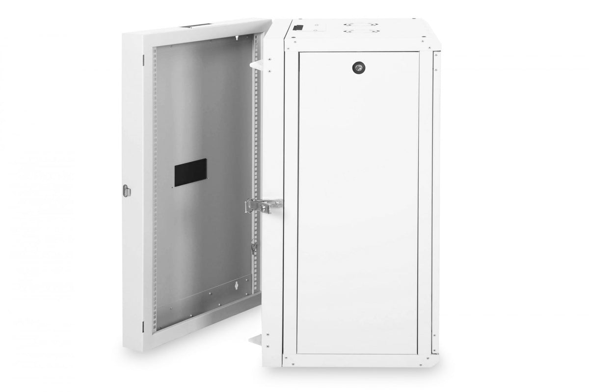 "Armoire réseau suspendue Unique 19"" 20U rack 600x600, porte en verre, grise, divisée, assemblée, 100kg double sectionnée, pivotante, grise (RAL 7035)"