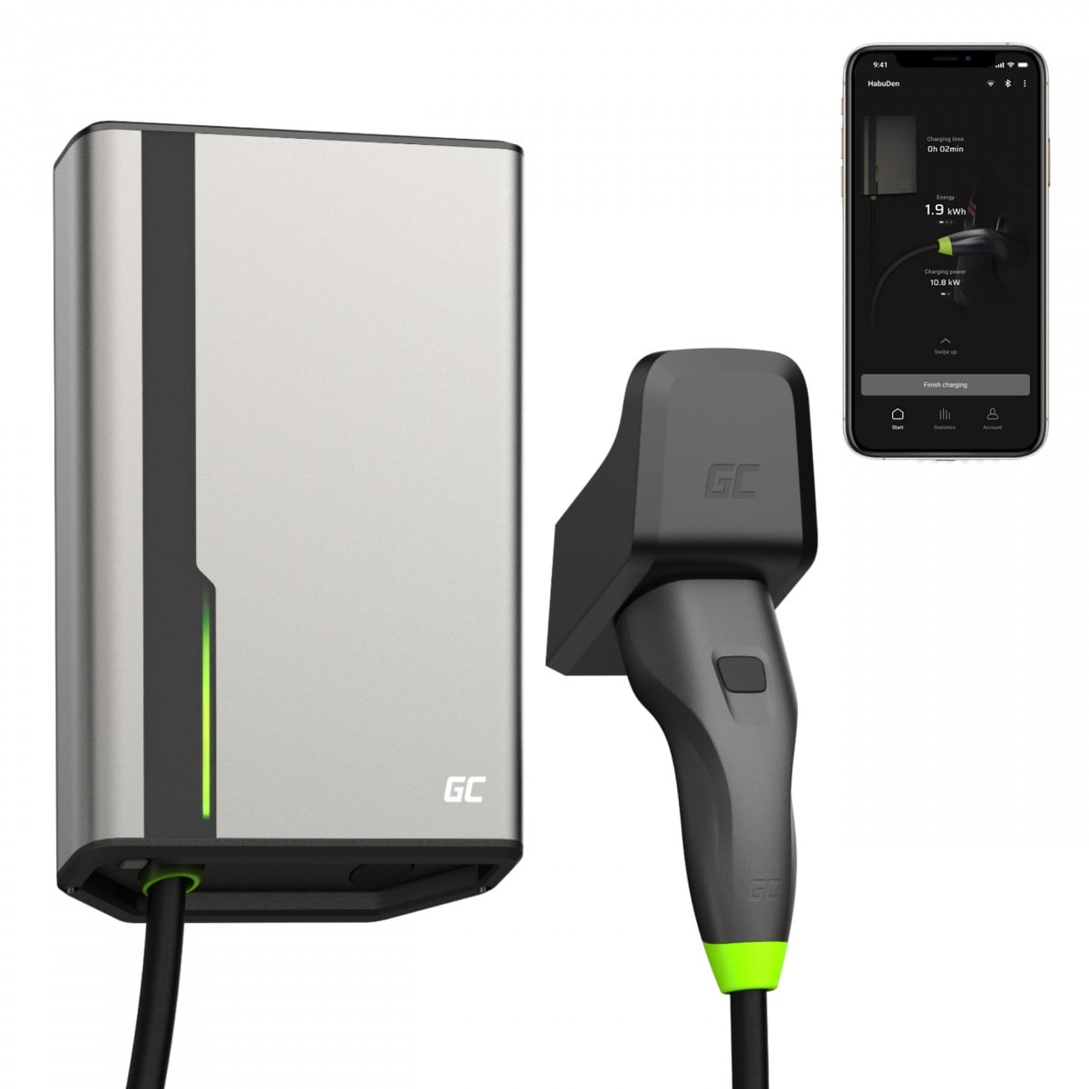 Green Cell EVGC021A2275 HabuDen Wallbox 22kW 32A 7.5m Câble Type 2 Borne de recharge EV intelligente avec GC App Bluetooth WiFi