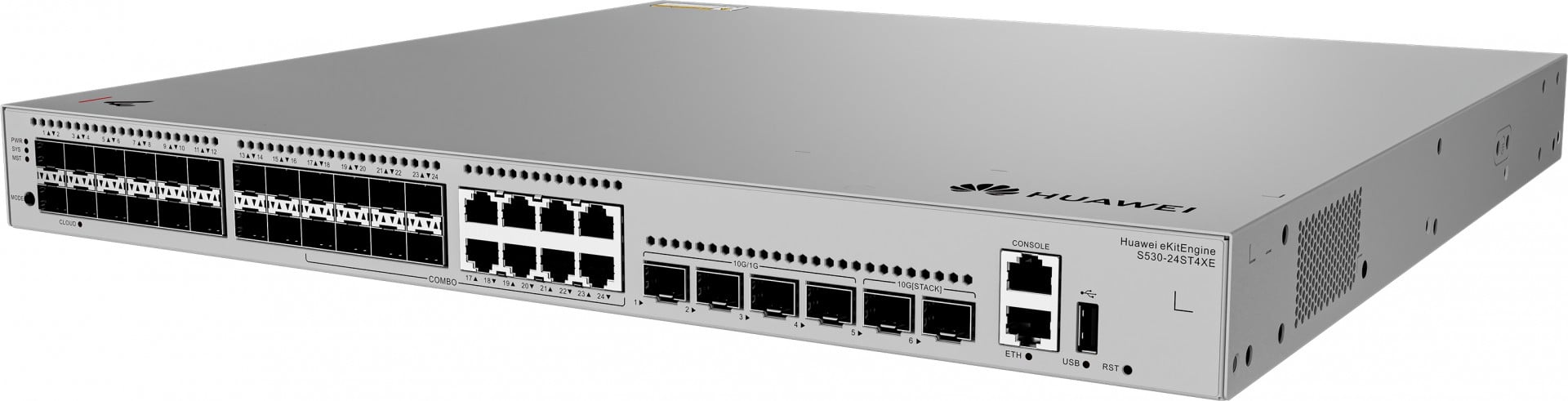 HUAWEI S530-24ST4XE 24xGE SFP ports 8 of which are dual-purpose 10/100/1000 or SFP 4x10GE SFP+ ports 2x12GE stack ports 1xAC eKit