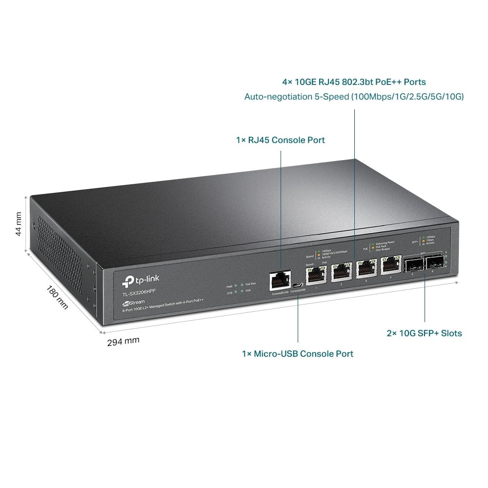 TP-LINK JetStream 4-Port 10GBase-T and 2-Port 10GE SFP+ L2+ Managed Switch with 4-Port PoE++