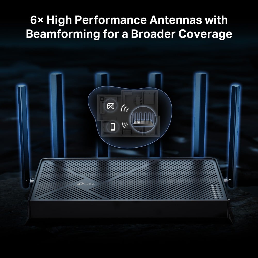 TP-LINK BE6500 Dual-Band Wi-Fi 7 Router 688Mbps at 2.4GHz + 5764Mbps at 5GHz 6xAntennas 2.0 GHz Quad-Core CPU 1x2.5Gbps WAN port