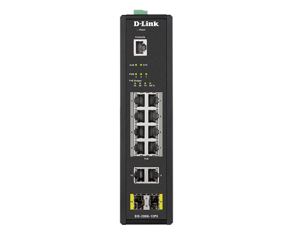 D-LINK 12 Port L2 Industrial Smart Managed Switch with 10 x 1GBaseTX ports 8 PoE 240W and 2 x SFP ports