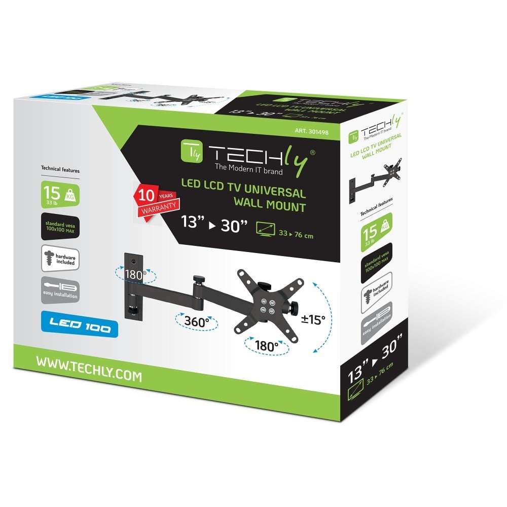 "Techly ICA-LCD 104BK Support mural pour TV 13-30"" LED/LCD 15kg pivotant inclinable"