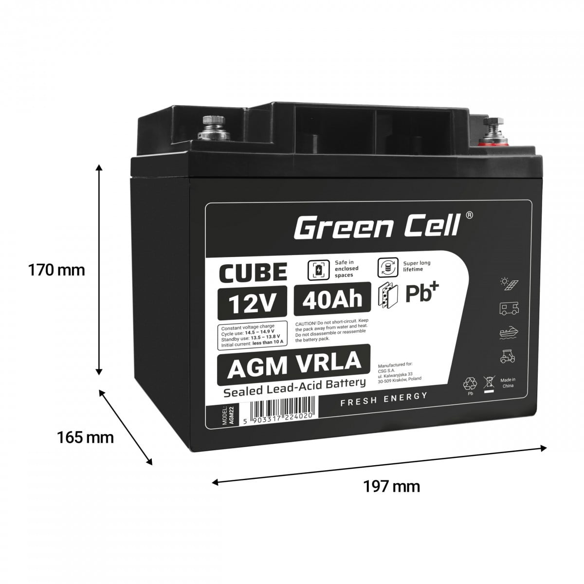 Batterie sans entretien Green Cell Cube AGM VRLA IP54 12V 40Ah pour tondeuses a gazon, scooters, bateaux et fauteuils roulants