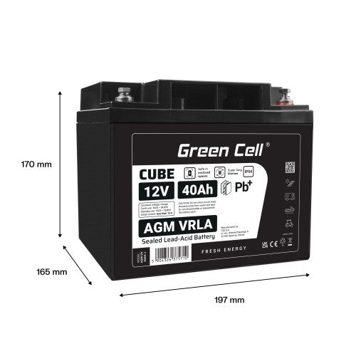 Batterie sans entretien Green Cell Cube AGM VRLA IP54 12V 40Ah pour tondeuses a gazon, scooters, bateaux et fauteuils roulants