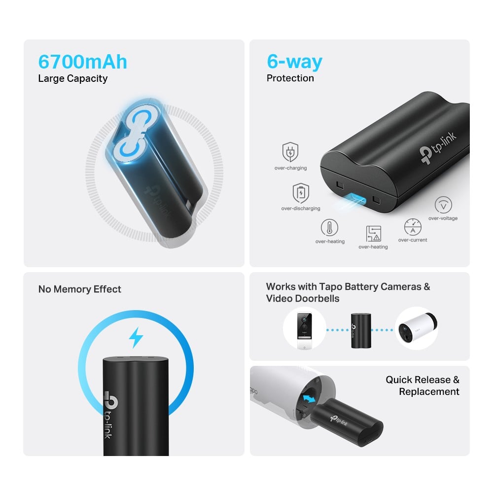 TP-LINK Tapo Battery Pack 3.6V 6700mAh 24.12Wh 1x Micro USB Port Rechargeable Battery Works with Tapo Battery Camera & Doorbell