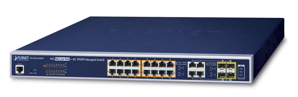 PLANET GS-4210-16P4C commutateur réseau Géré L2/L4 Gigabit Ethernet (10/100/1000) Connexion Ethernet, supportant l'alimentation via ce port (PoE) 1U Bleu