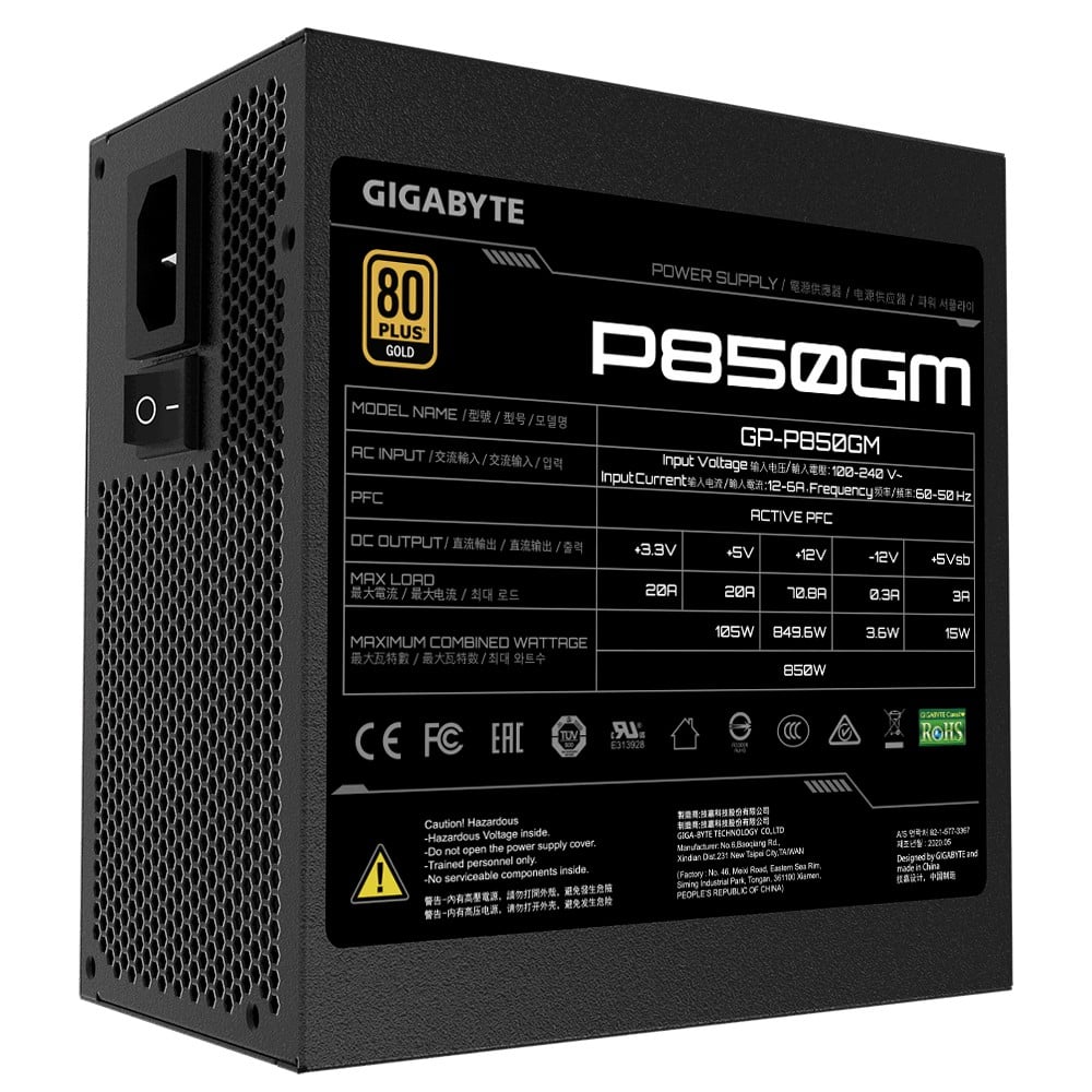 Gigabyte P850GM - 850 W - 100 - 240 V - 50 - 60 Hz - 12 A - 6 A - Actif