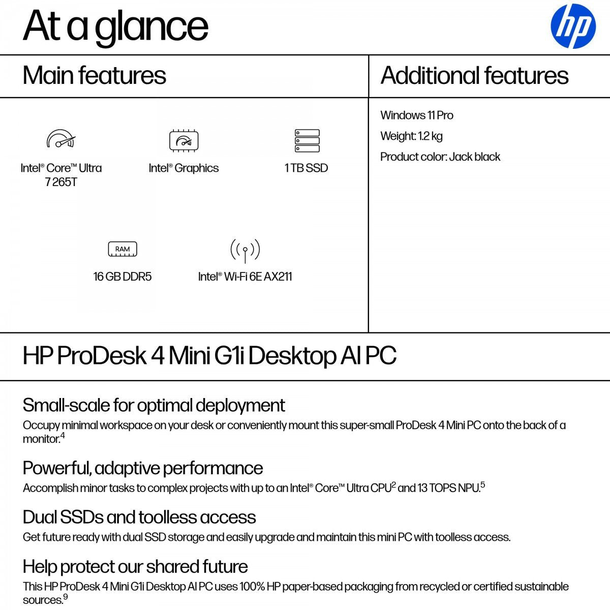 HP ProDesk 4 Mini G1i Intel Core Ultra 7 265T 16GB/1TB W11P 1YW