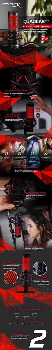 Microphone a condensateur HyperX QuadCast RGB, USB, filtre anti-pop, noir-rouge