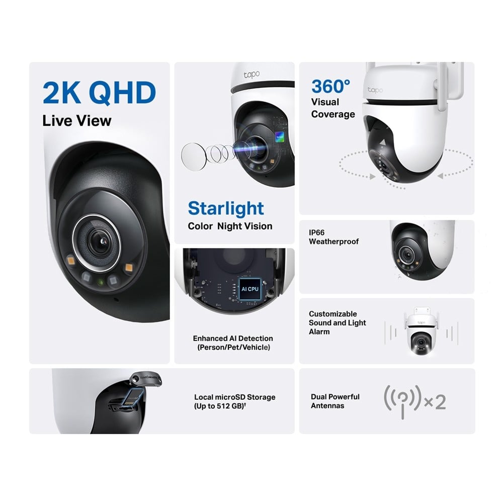 TP-LINK Outdoor Pan/Tilt Security Wi-Fi Camera 2K QHD 2560x1440 2.4GHz 2T2R 2x External Antennas 1x Ethernet Port