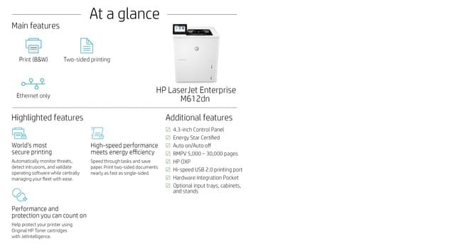 HP LaserJet Enterprise M612dn Printer Mono Duplex laser A4 1200x1200dpi 71ppm 650sheets USB LAN
