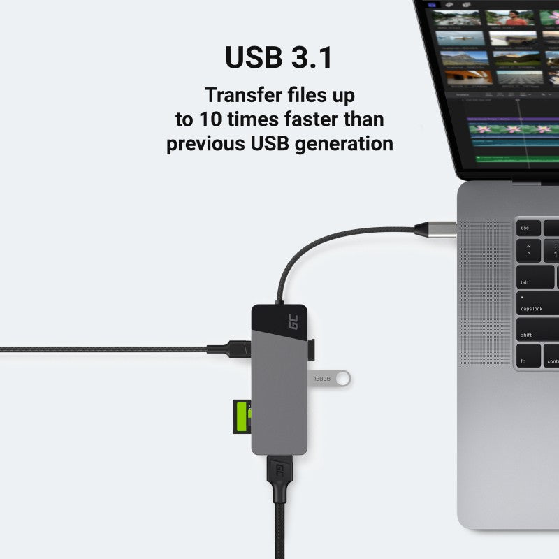 Green Cell HUBGC01 - USB Type-C - HDMI - USB 3.2 Gen 2 (3.1 Gen 2) Type-A - USB 3.2 Gen 2 (3.1 Gen 2) Type-C - MicroSD (TransFlash) - SD - 5000 Mbit/s - 60 Hz -