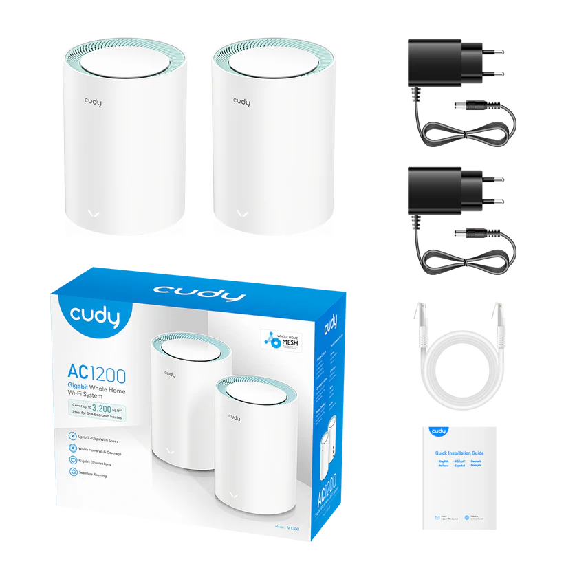 Cudy M1300 2-PACK systeme Wi-Fi maillé Bi-bande (2,4 GHz / 5 GHz) Wi-Fi 5 (802.11ac) Blanc 1 Interne