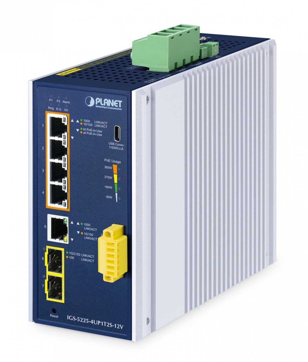 PLANET Industrial L2+ 4-Port 10/100/1000T 802.3bt PoE + 1-Port 10/100/1000T + 2-Port 1G/2.5G SFP Managed Ethernet Switch w/12V Booster Géré L2+ Gigabit Ethernet