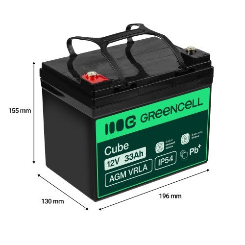 Batterie sans entretien Green Cell Cube AGM VRLA IP54 12V 33Ah pour tondeuses a gazon, scooters, bateaux et fauteuils roulants