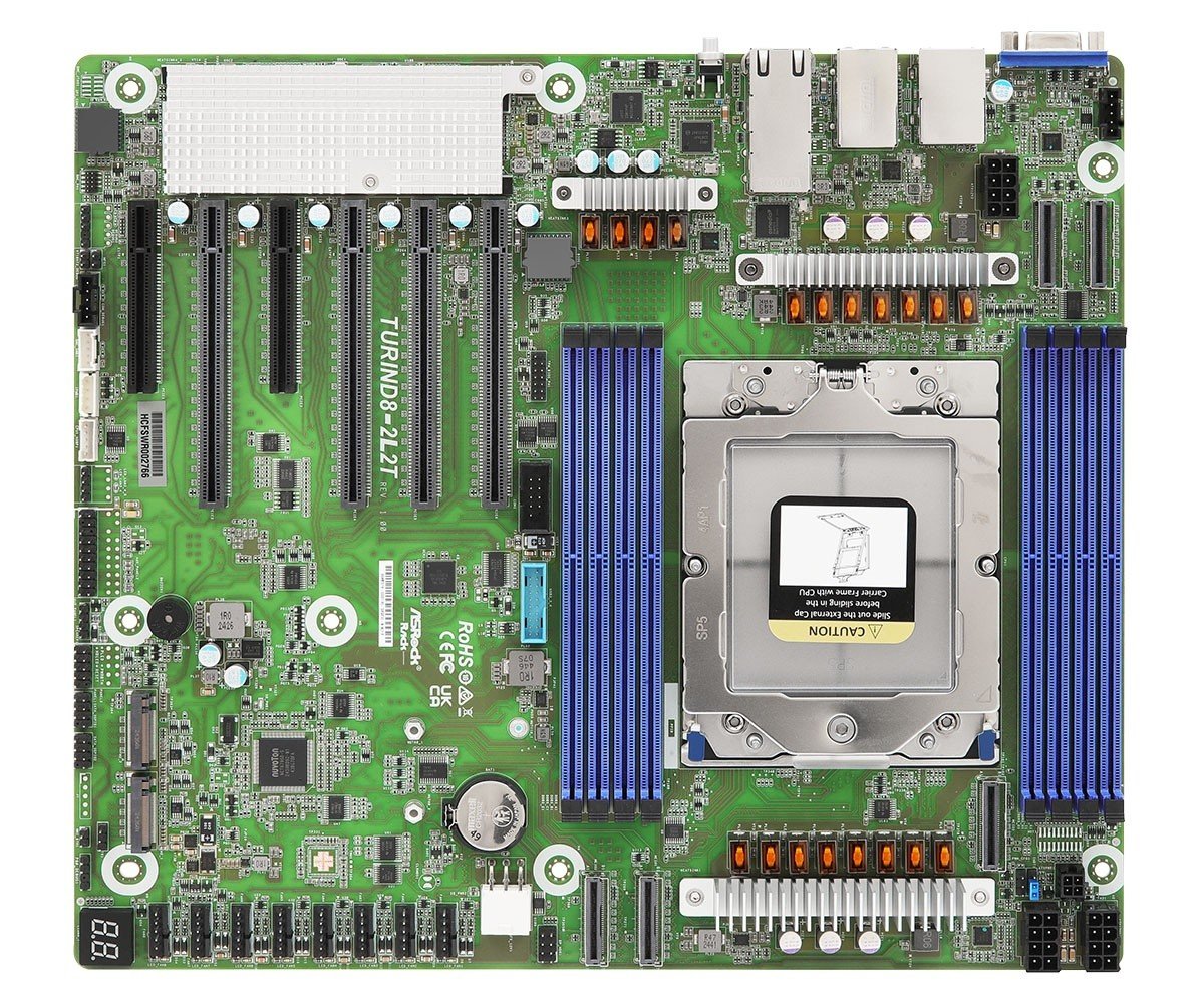 ASRock TURIND8-2L2T, 1xSKT, LGA 6096, AMD EPYC 9005, SoC, SATA, NVMe, 2xM.2, 2x10GbE, 2xGbE, IPMI